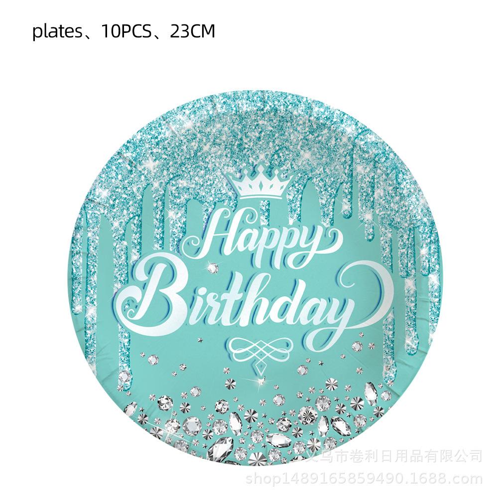 Принадлежности для дня рождения в бриллиантовой тематике Украшения для дня рождения Фиолетовый Розовый Голубой Тиффани Украшенные шары Бумажные тарелки Столовые приборы
