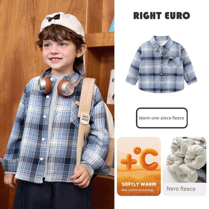 Right European Style Boys' Shirt with Fleece Lining, Thickened Long-Sleeve Jacket, 2025 Winter New Children's Clothing, Kids' Clothes, Baby Clothes