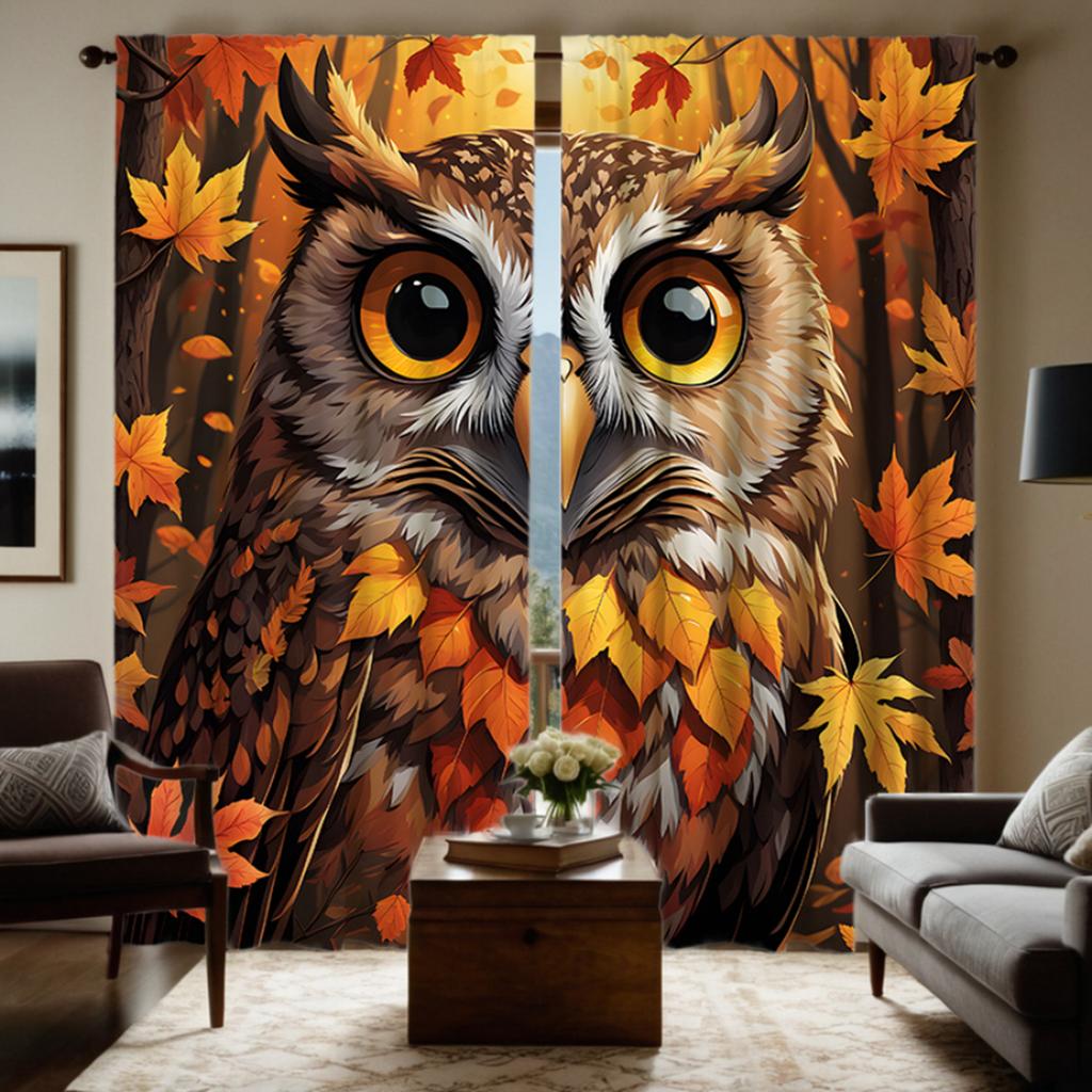 2pcs Set HD Maple Owl Decorative Curtain Yellow Tie Digital Printed Curtain Home Decoration Style Decoration Living Room Bedr