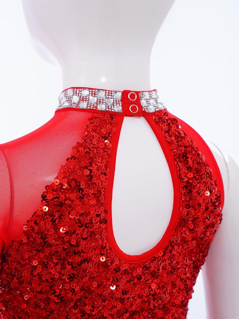 Костюм для танцевального выступления девочки Блестящий лиф с пайетками Трико с юбкой из тюля Вырез на талии Асимметричный комбинезон