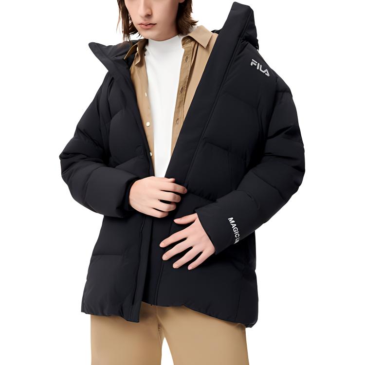 Fila Однотонная куртка-пуховик средней длины с капюшоном и логотипом-буквой для мужчин, верхняя одежда, черная F51M249904F-BK