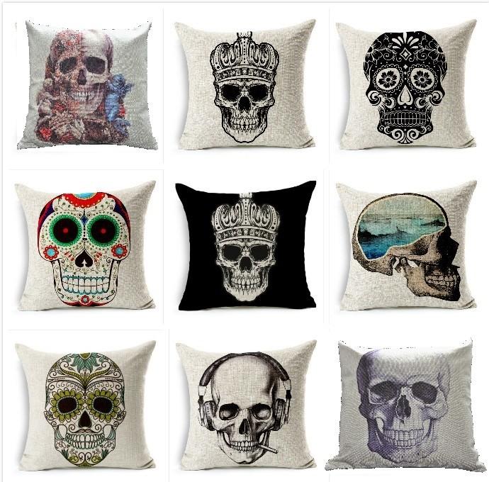 Skeleton Head Throw Pillow Cover With Linen Fabric For Home Decor And Living Room