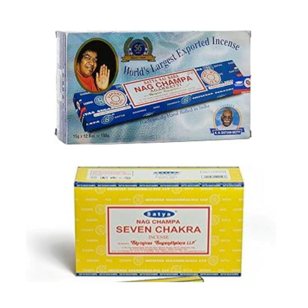 Satya Nag Champa & Seven Chakra Incense Sticks Agarbatti 1+1Combo(180 GM+180GM ) Box | 12 Packs of 15 Grams Each In a Box | Export Quality
