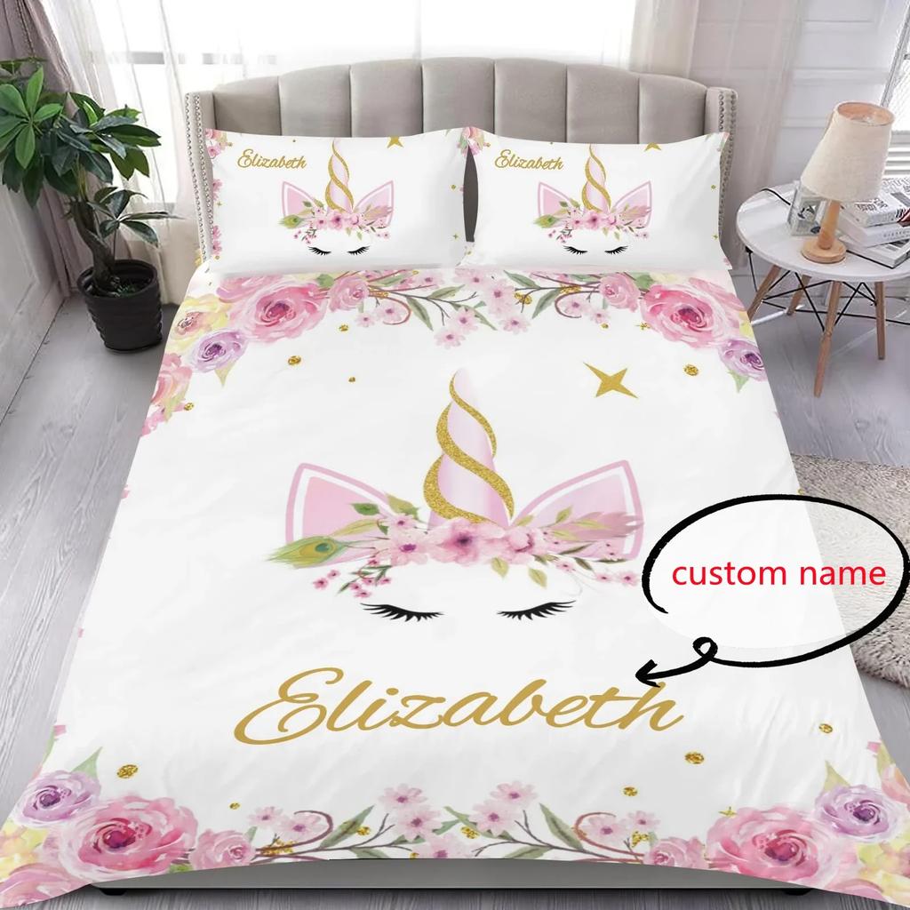 Custom Name Duvet Cover Set Cartoon Animals Unicorn Bedding Set Twin Full Queen King For Kids Girls Boys Birthday Wedding Gifts