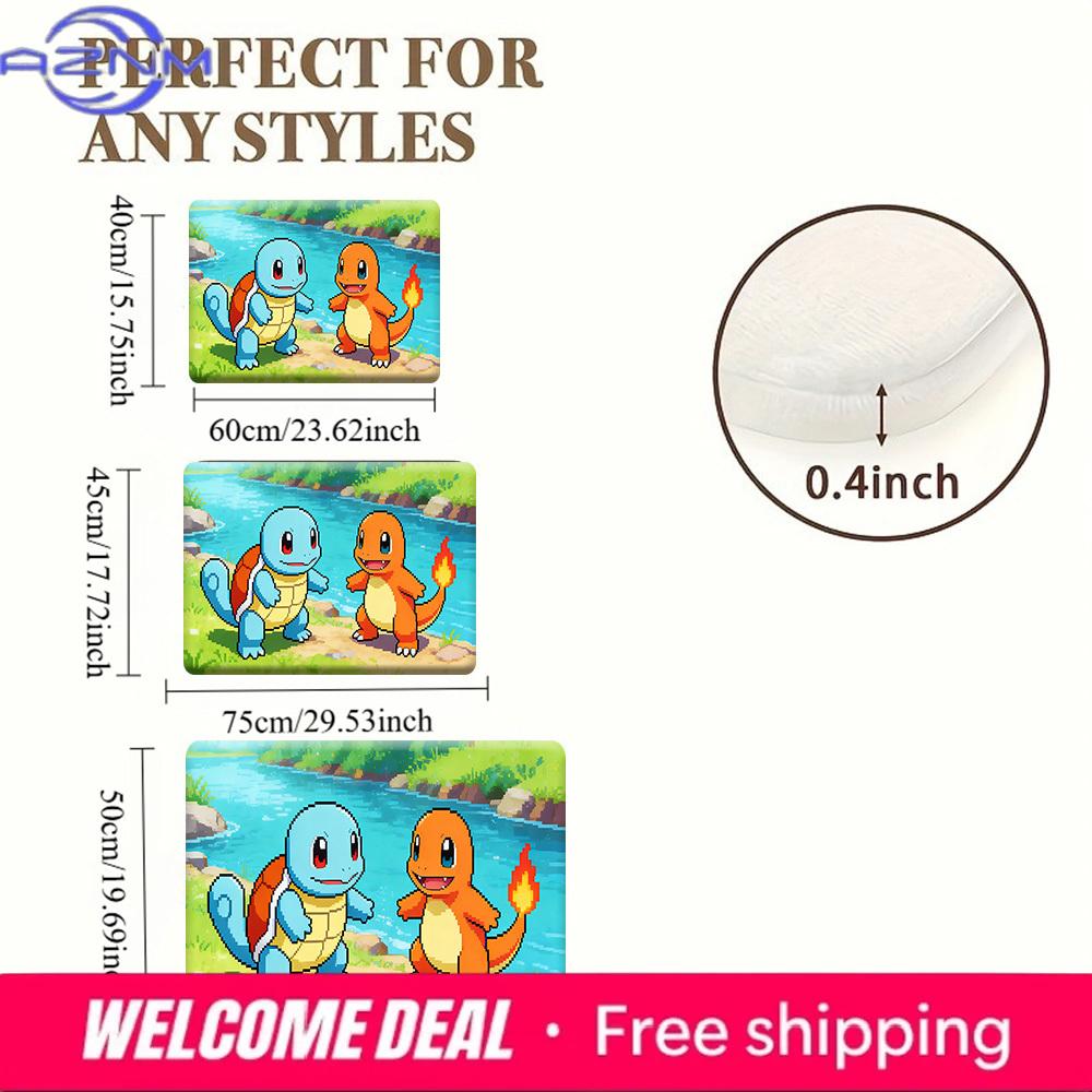 Pokemon Squirtle and Charmander Pixel River Print Non-slip Doormat, Soft Absorbent Floor Rug for Home Decor