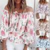 2023 Women's Off-Shoulder Chiffon Blouse - Sexy European & American Print Long Sleeve Top