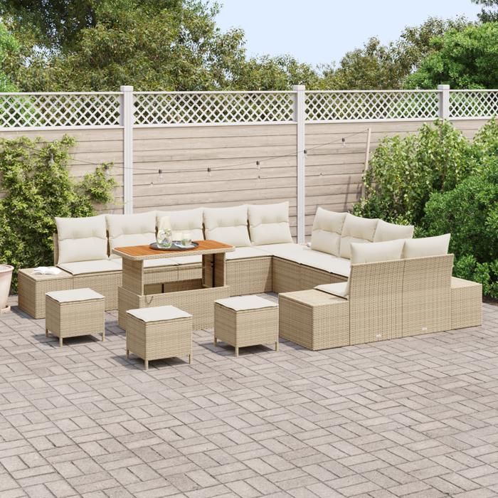 VidaXL Ensemble de canapé de jardin 14 pcs Beige Poly rotin, Set de jardin, mobilier en rotin modulable, pieds réglables, 3362851
