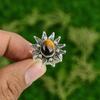 Natural Tiger'S Eye Gemstone Stackable Flower Yellow Adjustable Ring 925 Silver