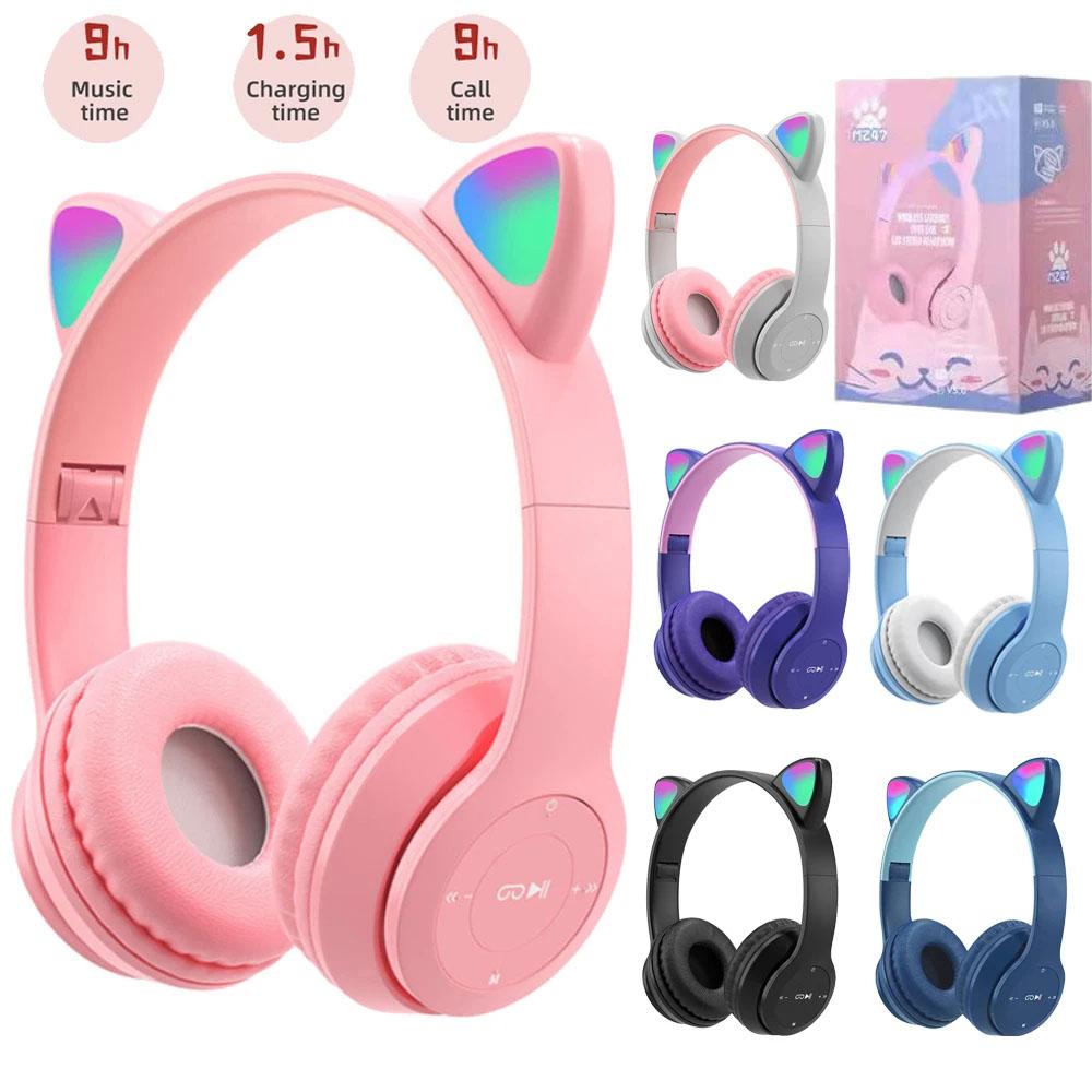 Wireless Bluetooth Headphones Cute Cat Ear Gaming Headset with LED Flash Light Helmets Stereo Bass Music Headsets For Girl Gifts