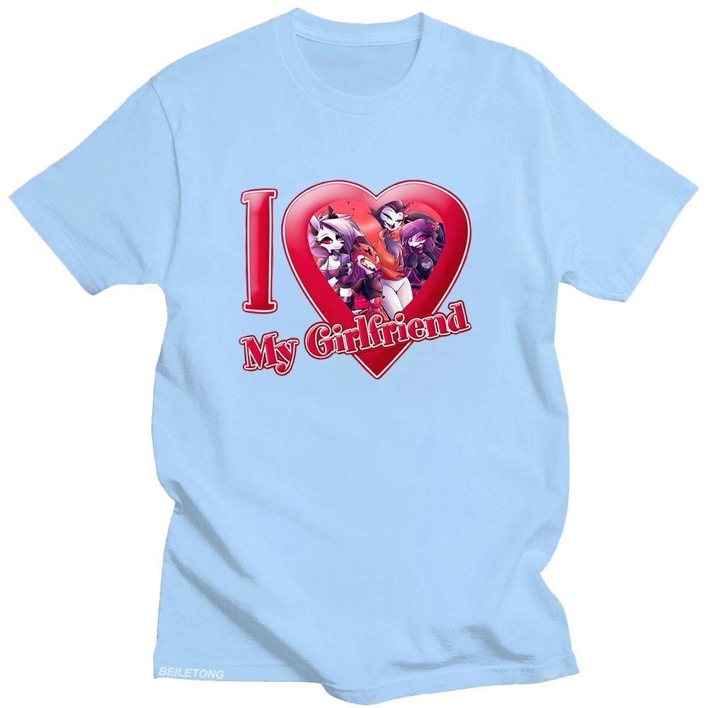 Футболка Helluva Boss Аниме Принт Харадзюку Кавайная Футболка Мультяшный Принт Хлопковая Футболка с Круглым Вырезом Я Люблю Свою Девушку Милая Одежда