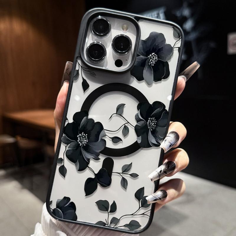 Black floral pattern phone case suitable for iPhone 17 16 15 14 13 12 11 Pro/Max/Plus anti drop and shockproof back cover