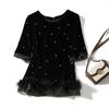 French Style Soft Girl Design Feather Bottoming Shirt! Women Beads Three-Quarter Sleeve Real Velvet Flash T-shirt Spring and Autumn