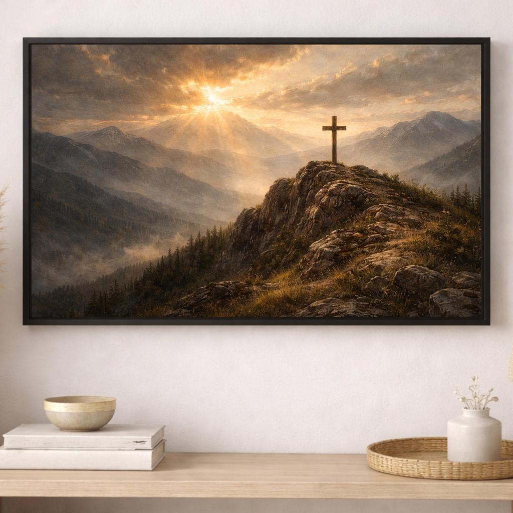 Cross on the Mountain Canvas Wall Art, Christian Landscape Painting, Jesus Cross Wall Art, Religious Mountain Art, Christian Canvas