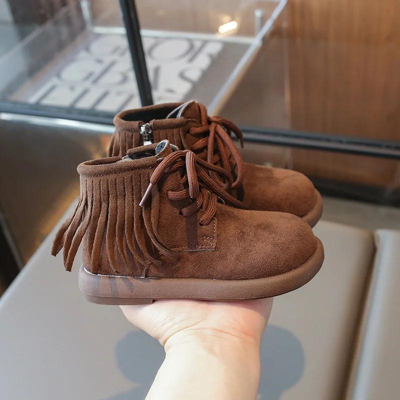Winter Girls Tassel Boots Fashion Princess Versatile Kids Cotton Boots Children Ankle Boots Solid Color Leather Thick Bottom New