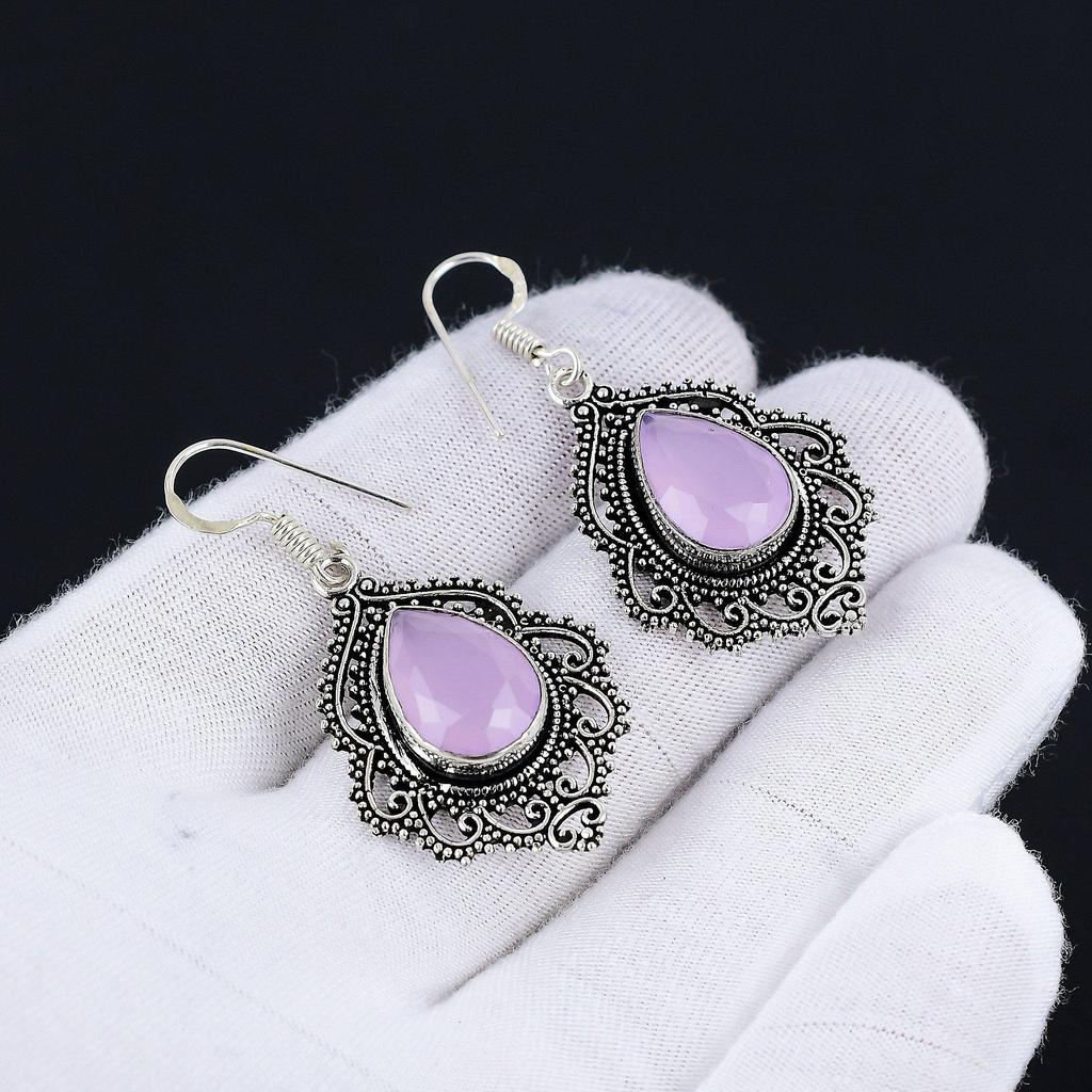 Серьги из розового кварца, серьги с драгоценными камнями, старинные серебряные серьги с драгоценными камнями из розового кварца, ювелирные изделия из цельного серебра 925 пробы, серьги с драгоценными камнями для нее