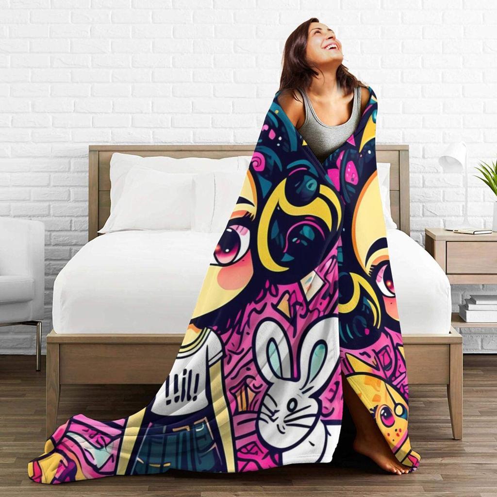 Fleece Throw Blanket 50"x60", Soft Cozy Warm Fuzzy Flannel Plush Blanket Fashion Bunny, Sofa, Bed, Living Room