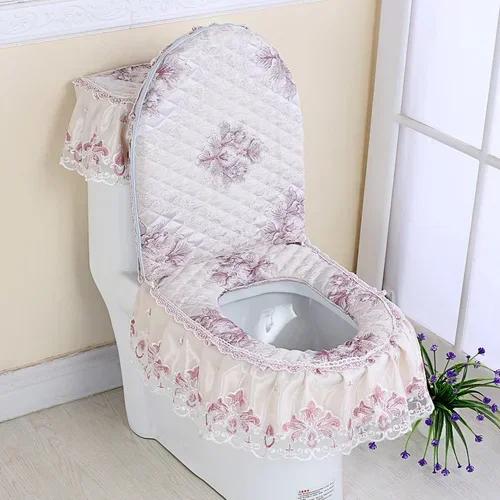 Вышитый край кружевной коврик для унитаза из 3 частей осенне-зимний бархатный чехол для унитаза U-образная молния сиденье для унитаза юбка стиль подол