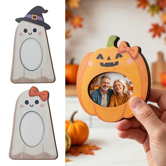 Holiday Gift Photo Holder Halloween Wooden Frame, Pumpkin/Ghost Picture Frame for Wall Personalized Hanging or Desktop Display, Home Decor Sturdy Wood