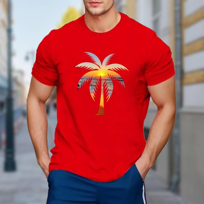 New Summer Men's Fashion T-shirt Personality Sunset Coconut Tree Printed Men's T-shirt Top