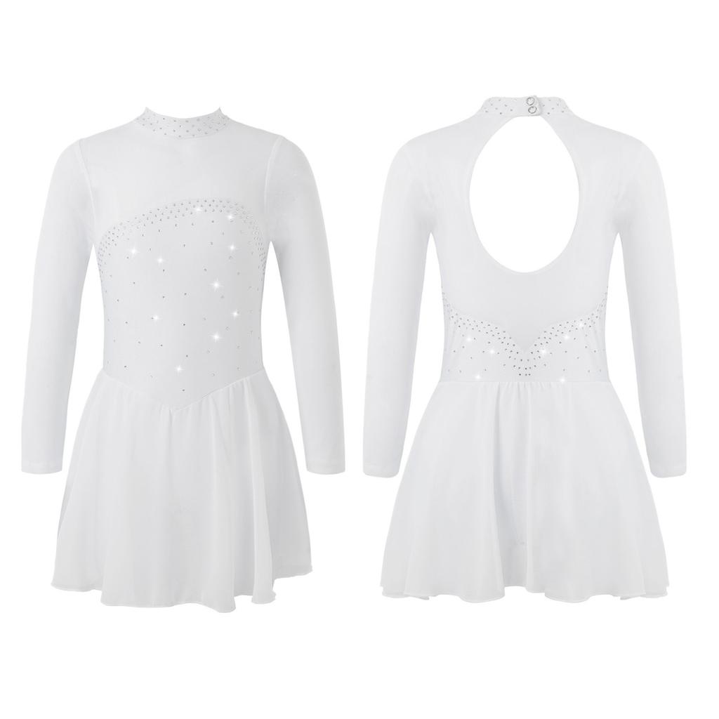 Children Girls Shiny Rhinestones Mesh Keyhole Back Figure Ice Skating Dress Long Sleeves Roller Skating Ballet Dance Leotard Dress