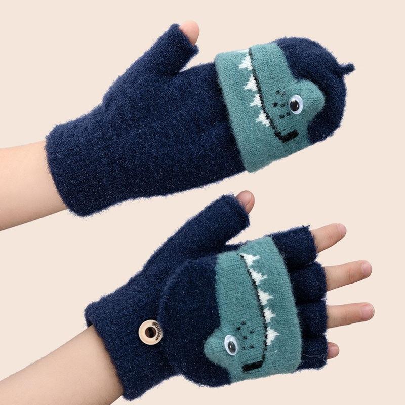 Toddler Kids Winter Knitted Fingerless Cartoon Gloves Thick Warm Outdoor Writing Convertible Flip Top Half Finger Mittens