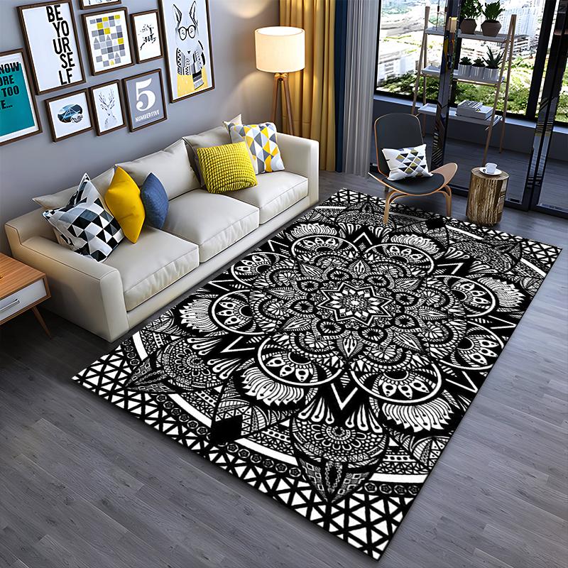 Area Rug, Mandala Star Black White Geometric Zentangle Print, Living Room Decor, Non-Slip Mat