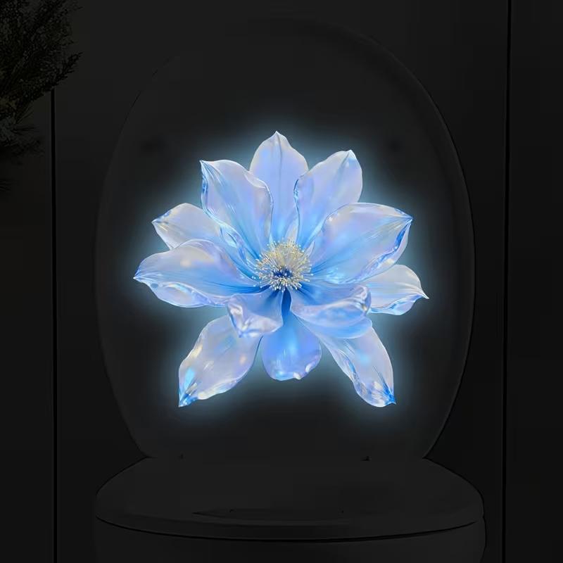 Glow-In-The-Dark Rainbow Blue Flower Toilet Sticker Shiny Crystal Floral Theme Decal Self-Adhesive Removable Bathroom Decoration