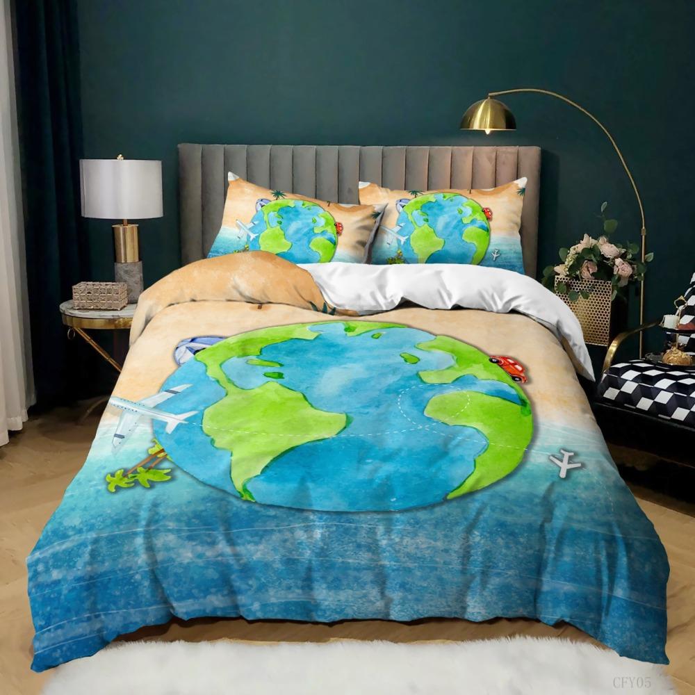 World Map Bedding Set Earth Pattern Bedding Cover Pillowcase Children and Teenagers Bedding Single/Double Size Gift