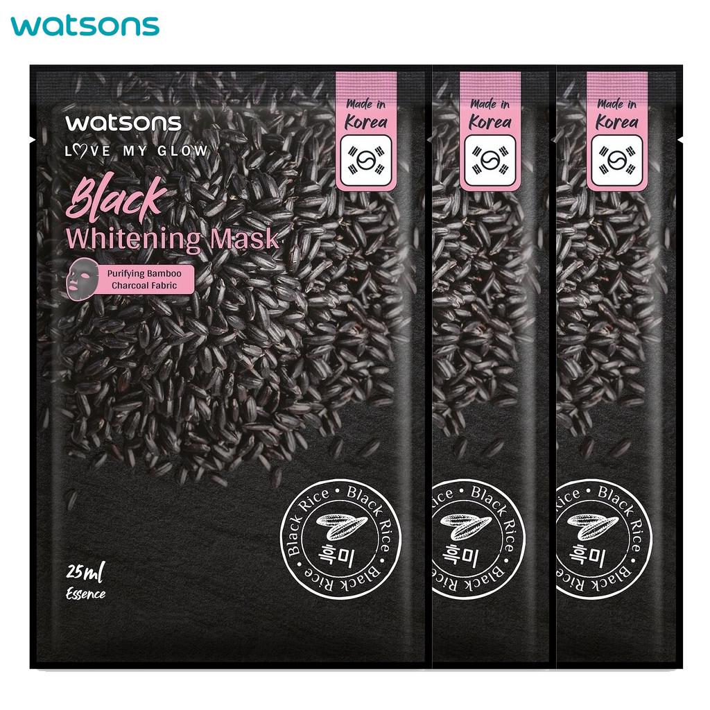 Watsons Love My Glow Black Whitening Mask, Purify Bamboo Charcoal Fabric, Black Rice, 25 Ml. X 3 Pcs - Facial Mask, Mask Sheet
