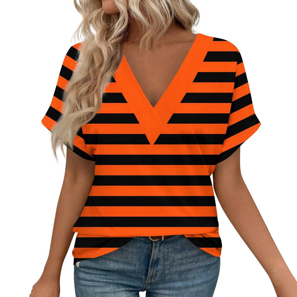 Женские рубашки с коротким рукавом, топы с принтом и V-образным вырезом, повседневные топы, базовые футболки, блузки, свободные топы