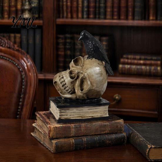 Spooky Gothic Home Decor Accessories Halloween Skull Head Statue, Crow And Book Sculpture, Table Centerpiece Resin Statue for Party Realistic