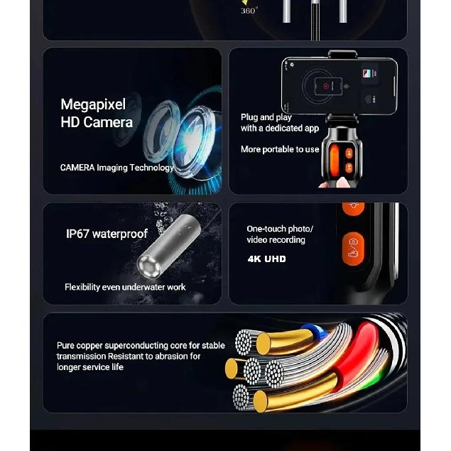 New 4K UHD 2-Way 360° Articulating Borescope 6mm IP67 Waterproof Industrial Endoscope Camera for Automotive Repair & Inspection