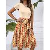 Women's Fashionable Retro Patterned Printing Color Blocked Belt Casual Dress