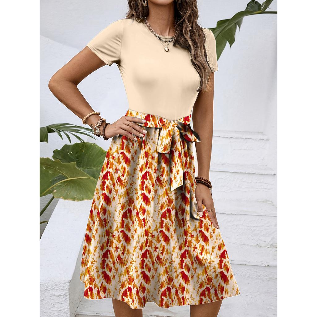 Women's Fashionable Retro Patterned Printing Color Blocked Belt Casual Dress