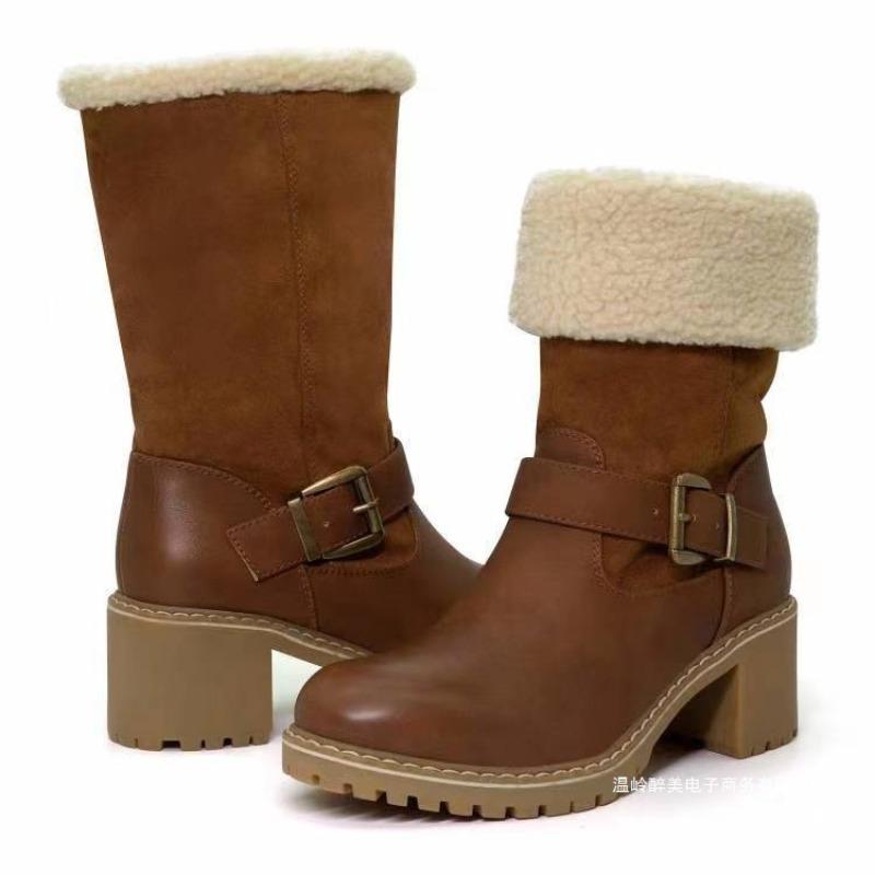 European and American Large-size Belt Buckle Short Snow Boots for Women's Autumn and Winter New Flanged Velvet Warm Thick-heeled Cotton Boots