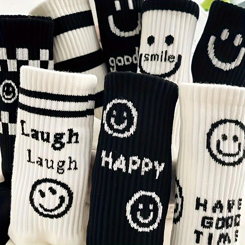 5 Pairs of Women's Black and White Color Cartoon Smiley Face Versatile Casual Long Tube Striped Sports Socks