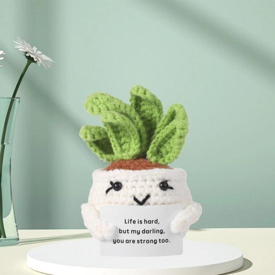 Crocheted Doll Cactus Succulent Doll with Cheer-up Card Tabletop Ornament Positive Crochet Figurine