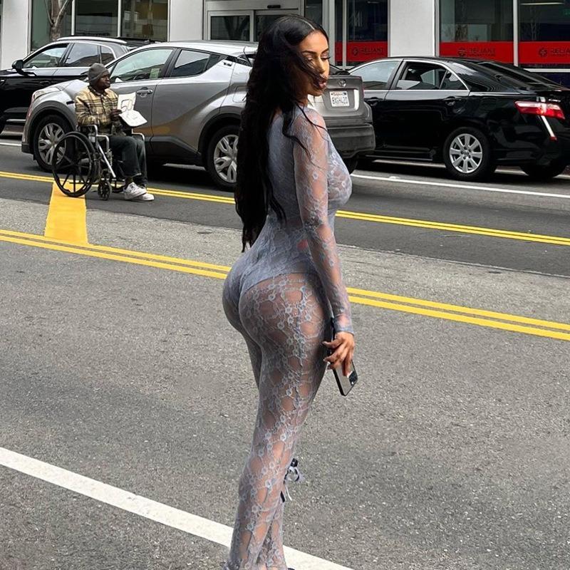 Spring Women's Sexy See-Through Hollow Out High Waist Jacquard Tight Long Sleeve Lace Jumpsuit