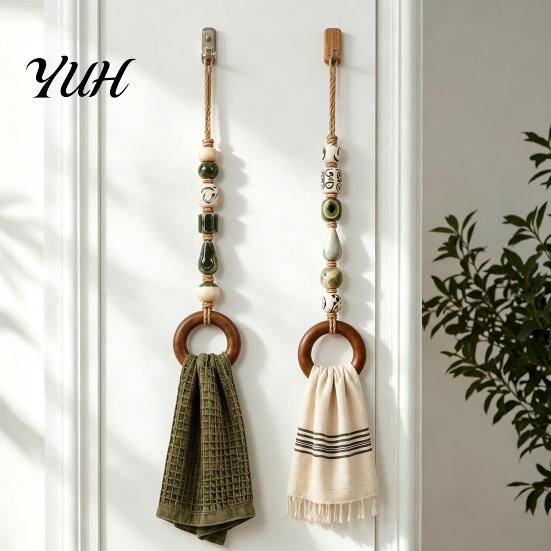 Modern Boho Home Organization Beaded Towel Hanger with Wooden Ring, Bohemian Farmhouse Hand Holder, Rustic Bathroom Wall Hardware Mounted Hemp
