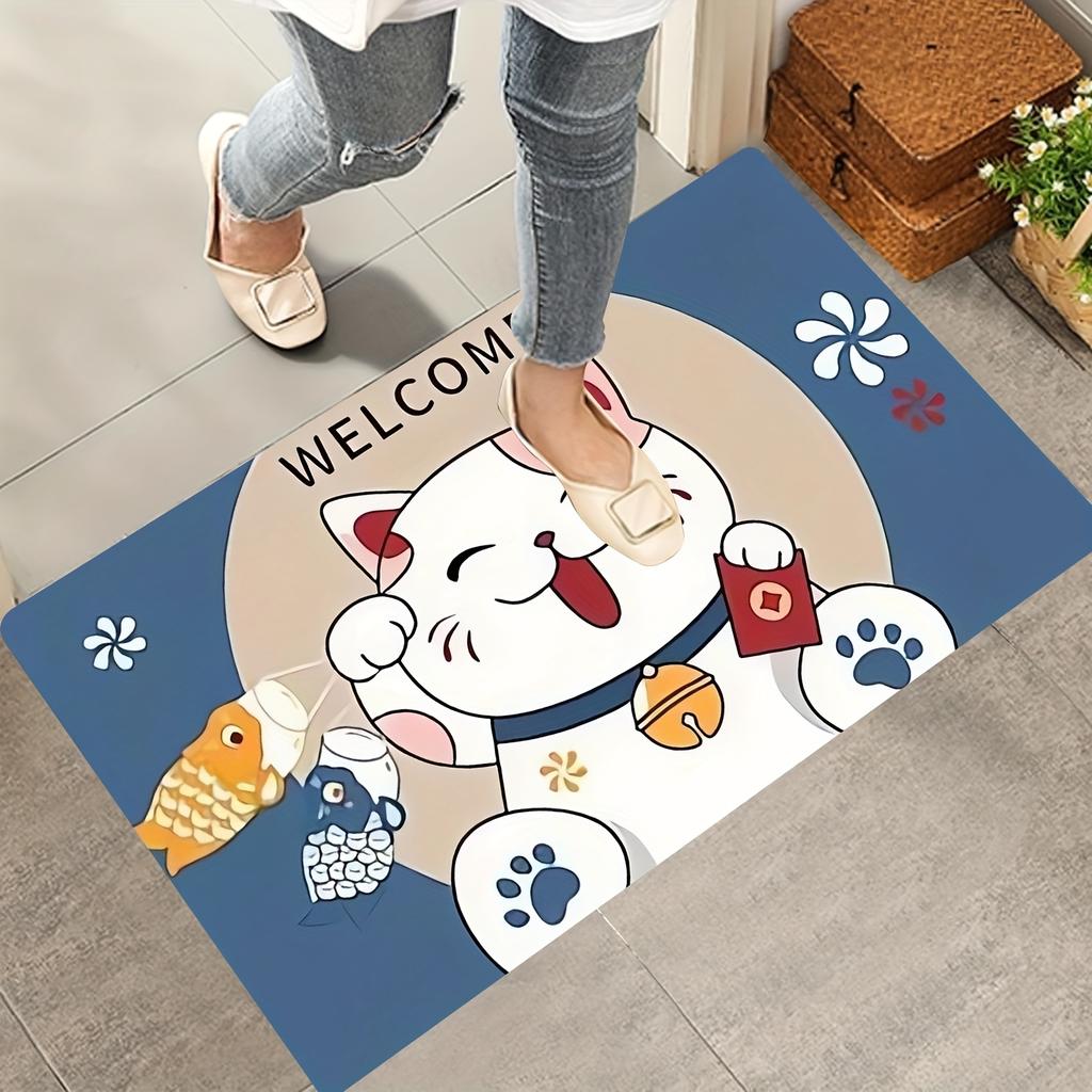 1 pack of polyester fluffy doormats, non-slip, hand washable, anti-fatigue welcome mats with soft lucky cat pattern