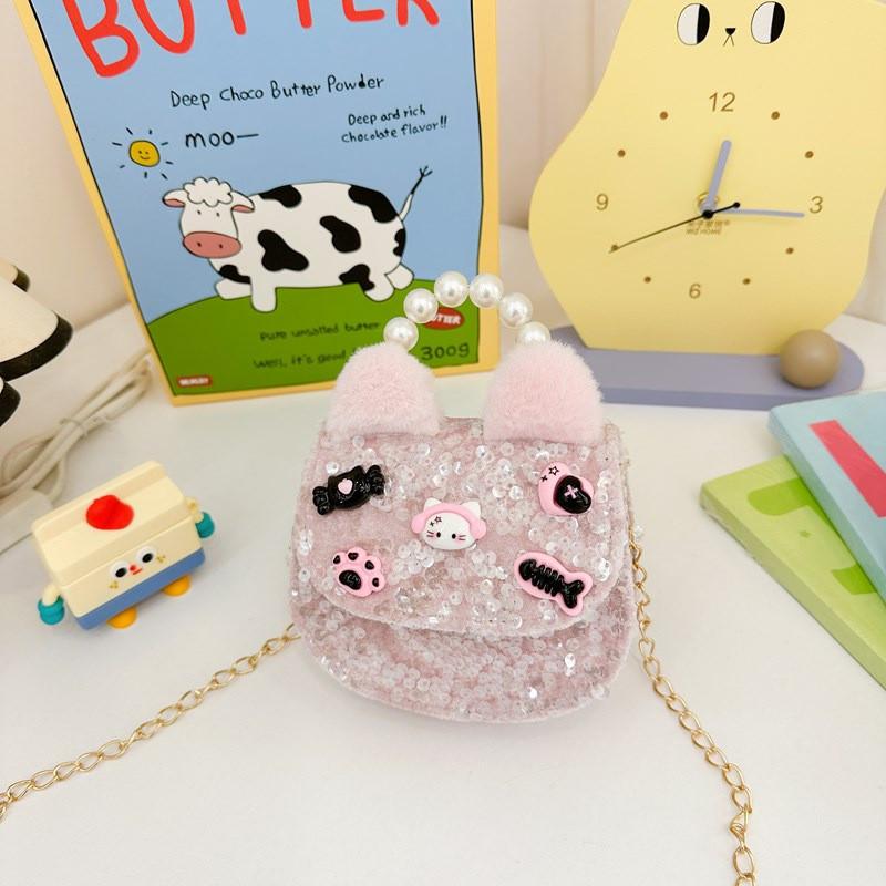 Crossbody Bowknot Girls Bag Sparkly Cartoon Shoulder Bag With Pearl Chain Strap