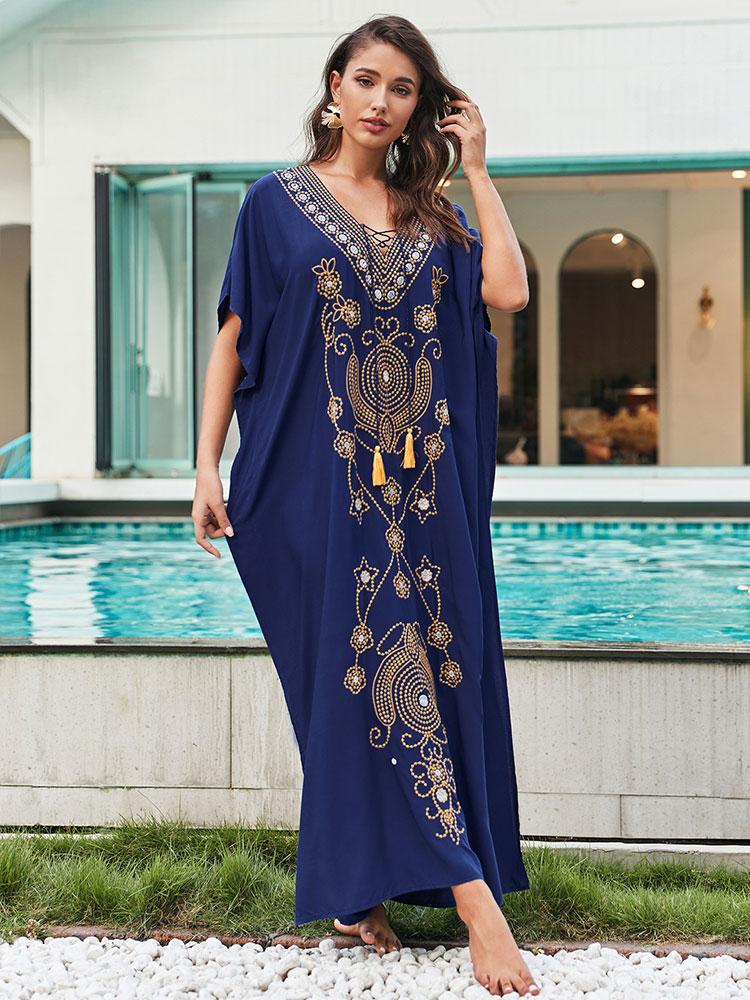 Большой размер кафтан с вышивкой, синий кисточкой, летнее длинное пляжное платье, женская домашняя одежда, купальный костюм, накидка, свободный кафтан