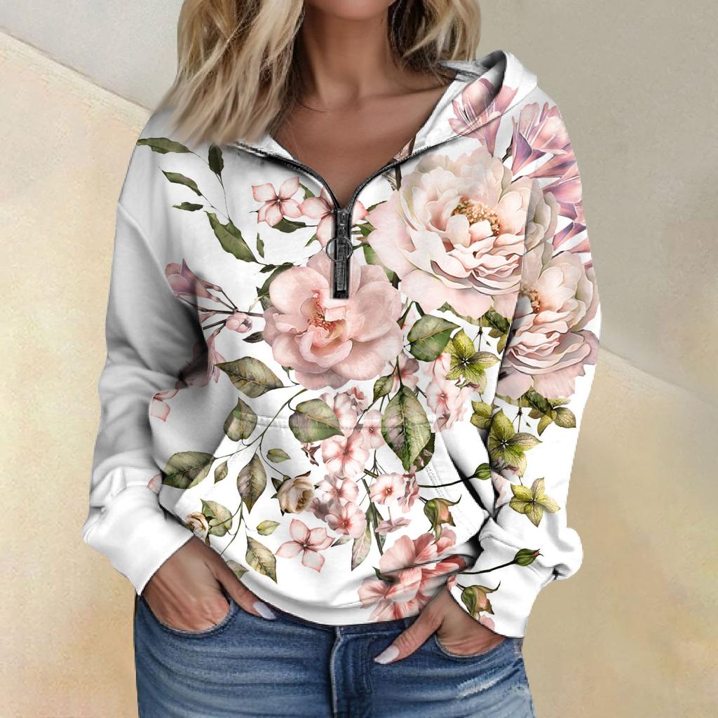 Женская мода с длинным рукавом и принтом, свободная толстовка с капюшоном на молнии и карманами
