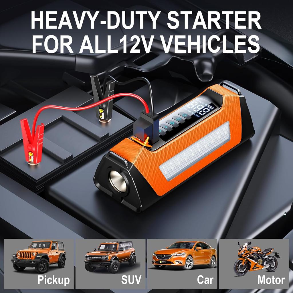 Car Jump Starter with Air Compressor, 800 Lumen LED Light and 180PSI Portable Battery Jump Box,12V Auto Tire Inflator Jumper Starter Combo LCD Display