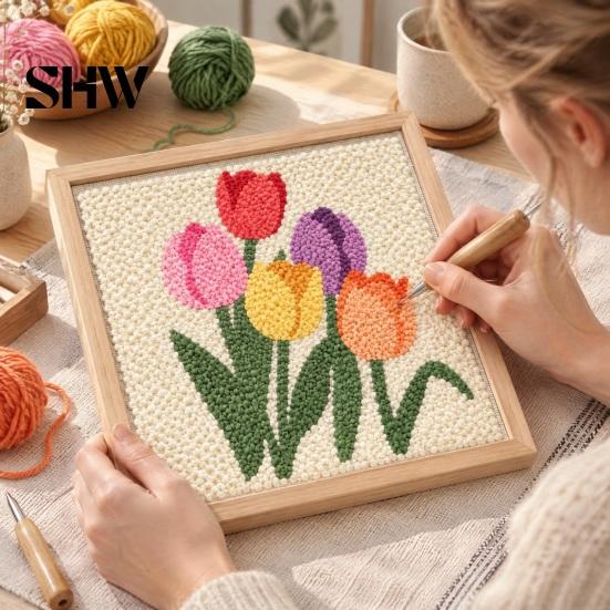 Linen Fabric Embroidery Project Floral Punch Needle Kit with Wooden Frame, DIY Flower Art, Tulip Pattern Starter Craft for Beginners, Wall Hanging