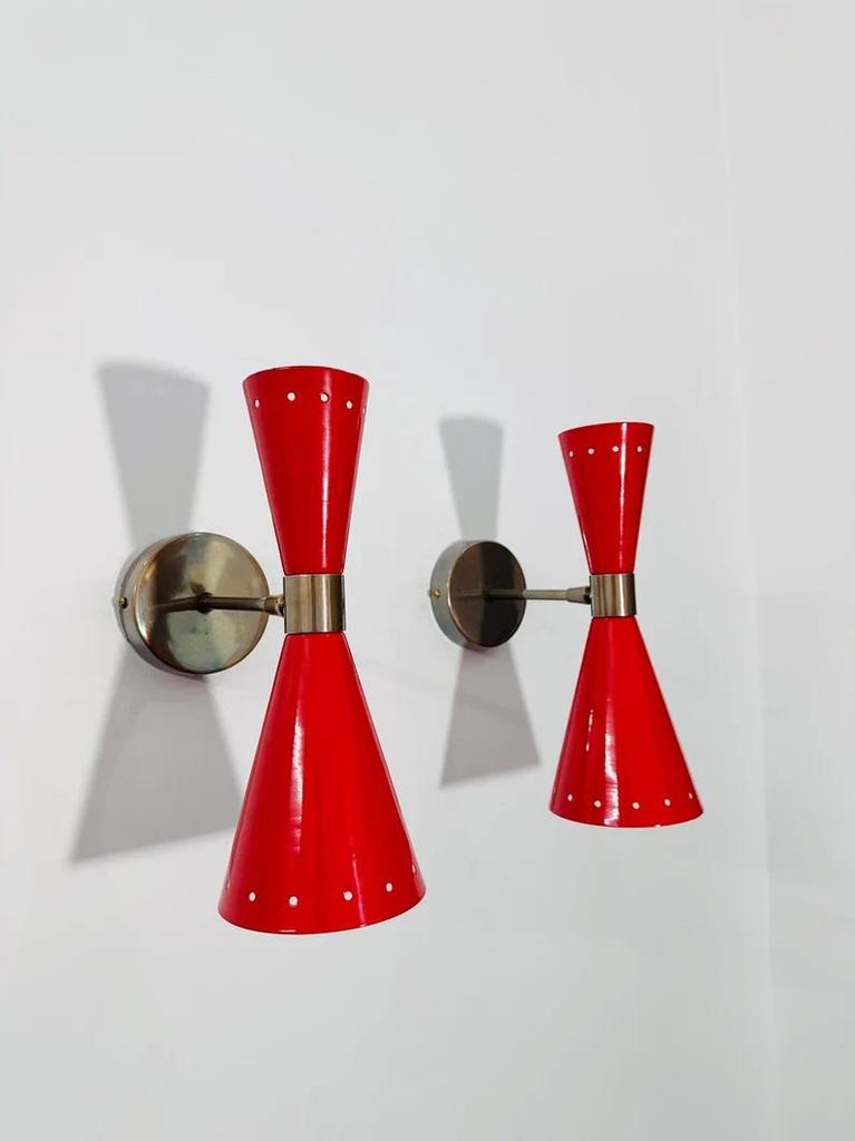 Red Brass Wall Sconce: Mid-Century Italian Stilnovo Reading Light
