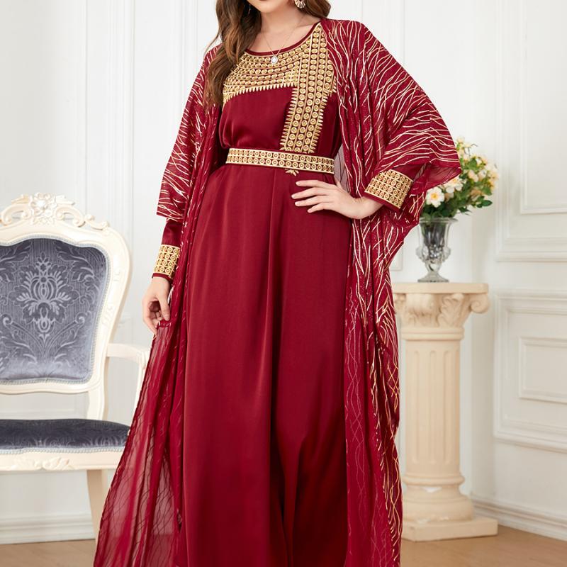 Ближневосточное мусульманское женское абайя с круглым вырезом, вышитым и позолоченным, с длинными рукавами, европейское и американское внешнеторговое платье из двух частей