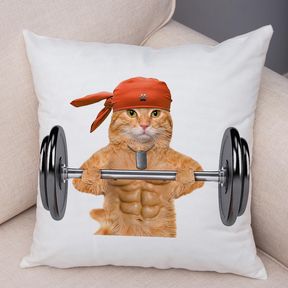 Funny Cat Dog Cushion Cover Fitness Animal Dumbbell Print Soft Fabric Living Room Sofa Home Decor Pillow Case