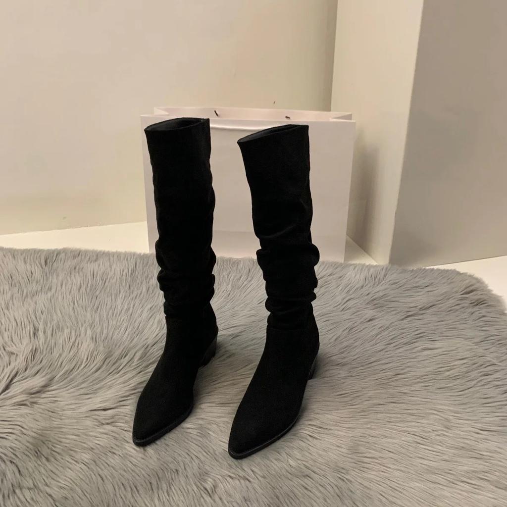 High Heeled Suede Western Mid Length Boots Women's Shoes New Autumn and Winter with Suede Pointed Pile Long Leg Knight Boots