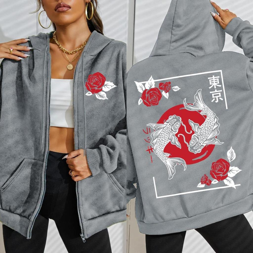 Токио Карп Кои Роза Харадзюку Узор Женская Толстовка Уличные Оверсайз Худи Молния Флисовая Толстовка Мягкая Женская Одежда